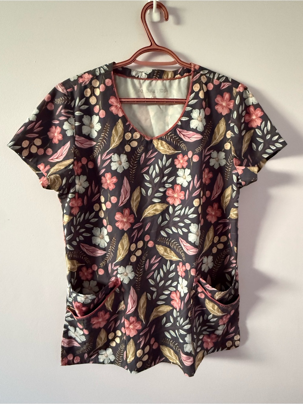 Floral Scrub Top in Black with Pink Accents